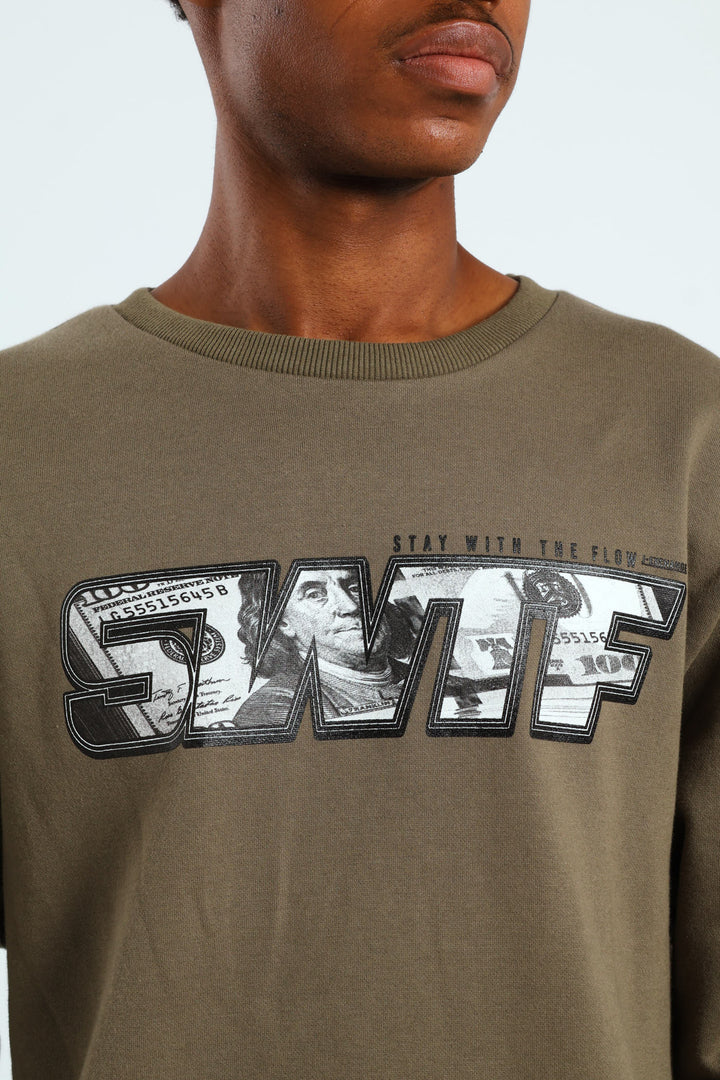 Print Fleece Crew Top - Khaki