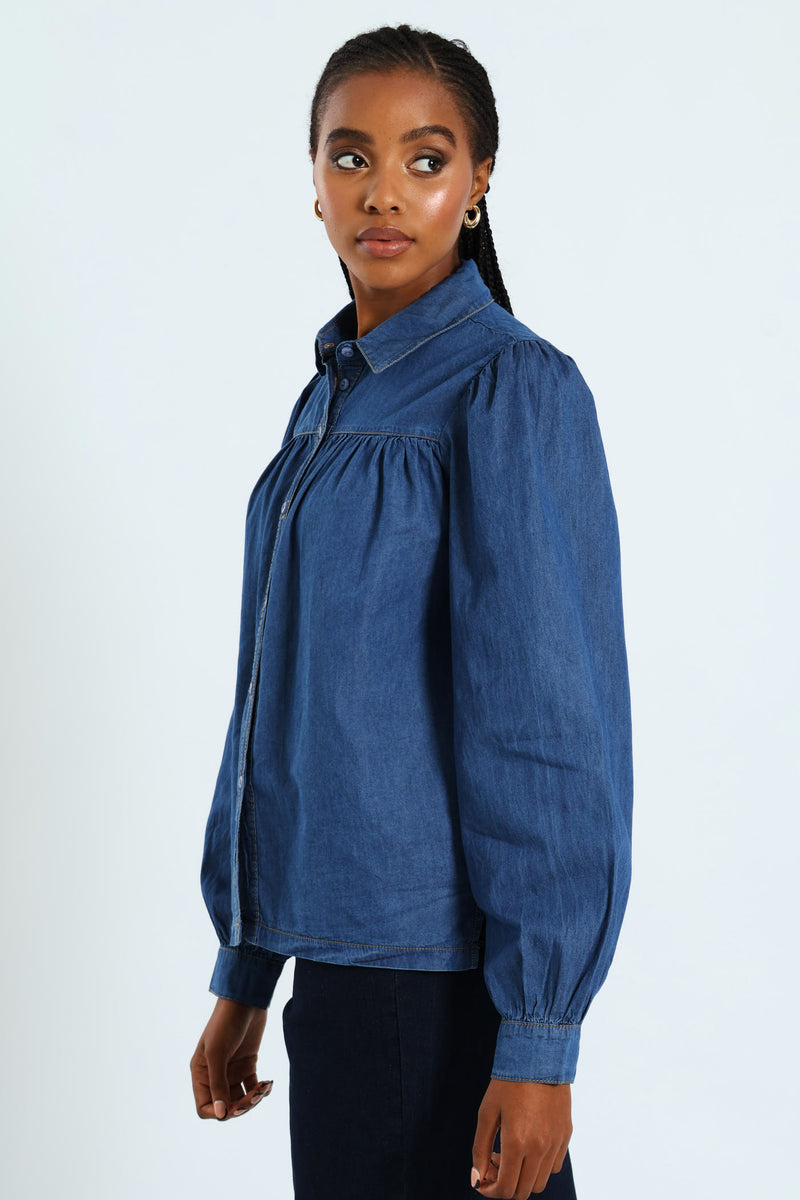 Puff Sleeve Chambray Shirt - Medium Wash