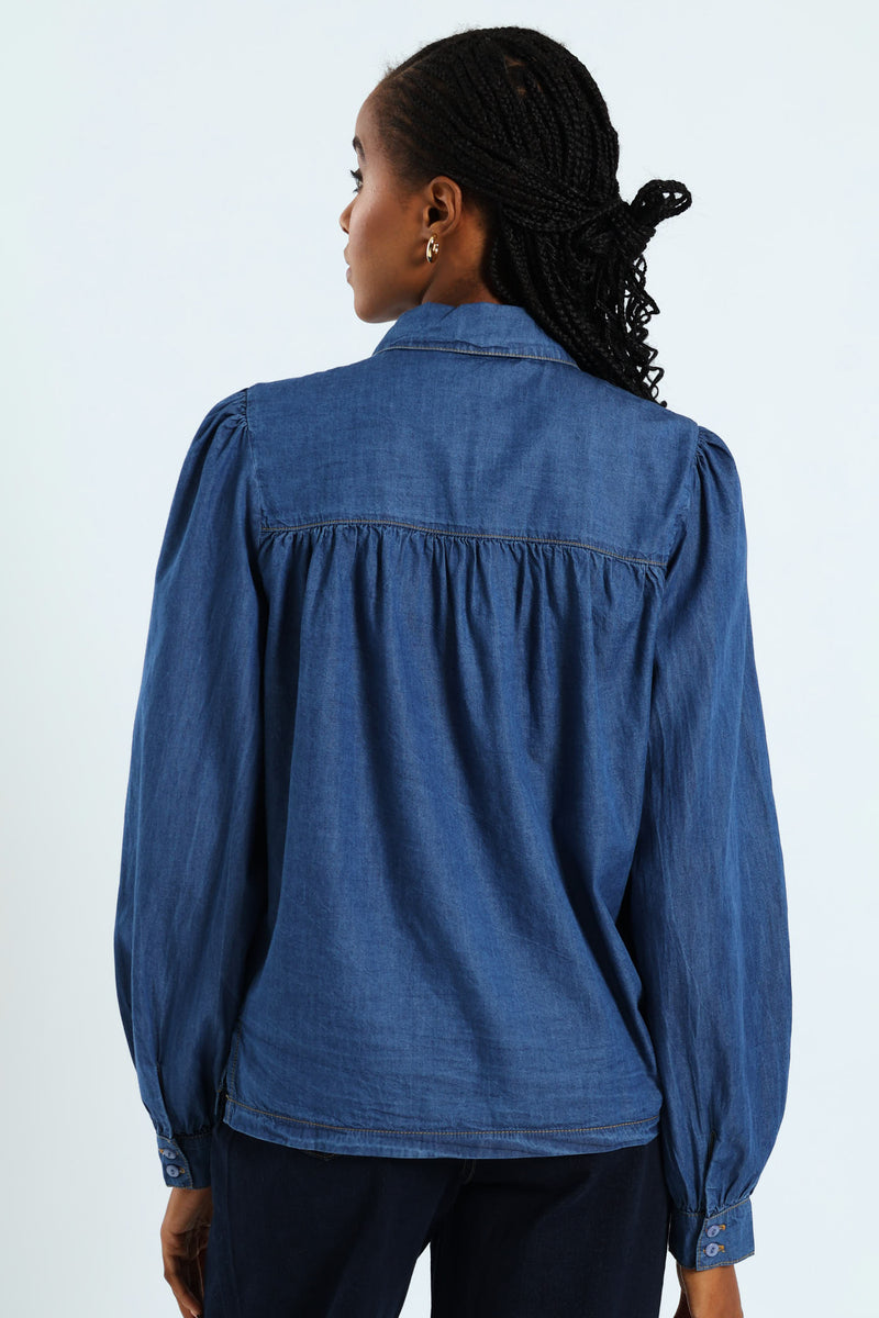 Puff Sleeve Chambray Shirt - Medium Wash