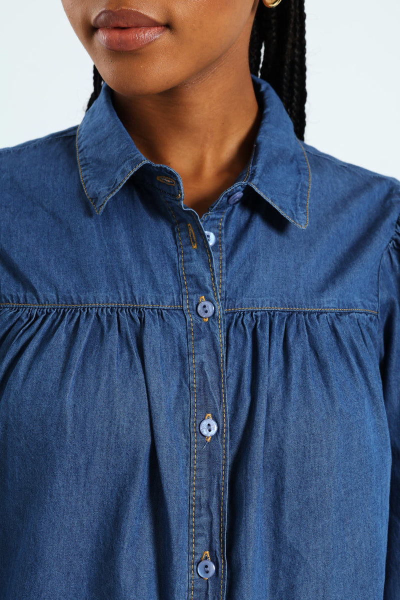 Puff Sleeve Chambray Shirt - Medium Wash