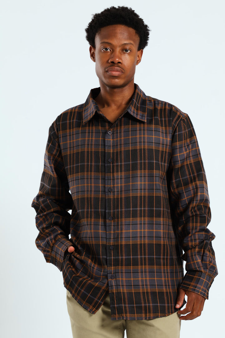 Long Sleeve Back Print Check Shirt - Black