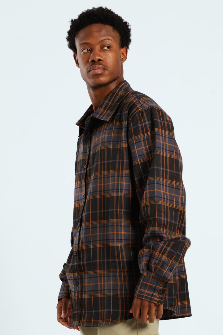 Long Sleeve Back Print Check Shirt - Black