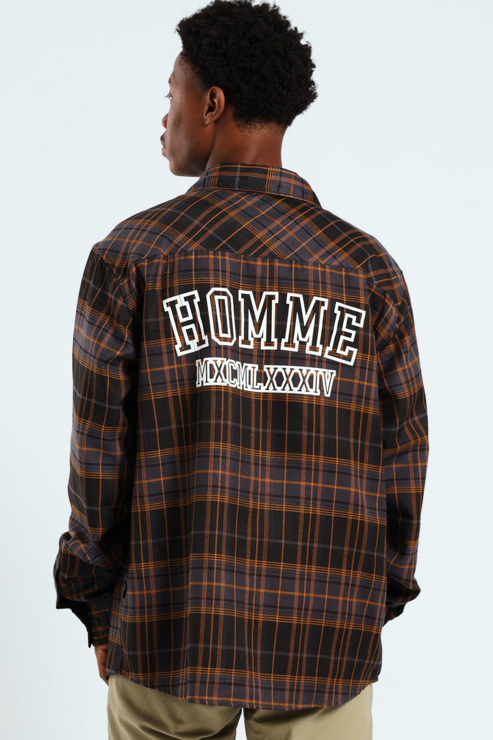 Long Sleeve Back Print Check Shirt - Black
