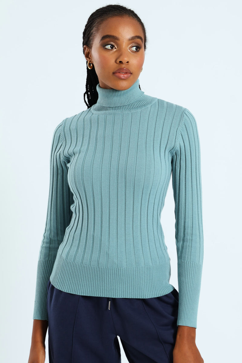 Ribbed Plain Poloneck - Dusty Blue