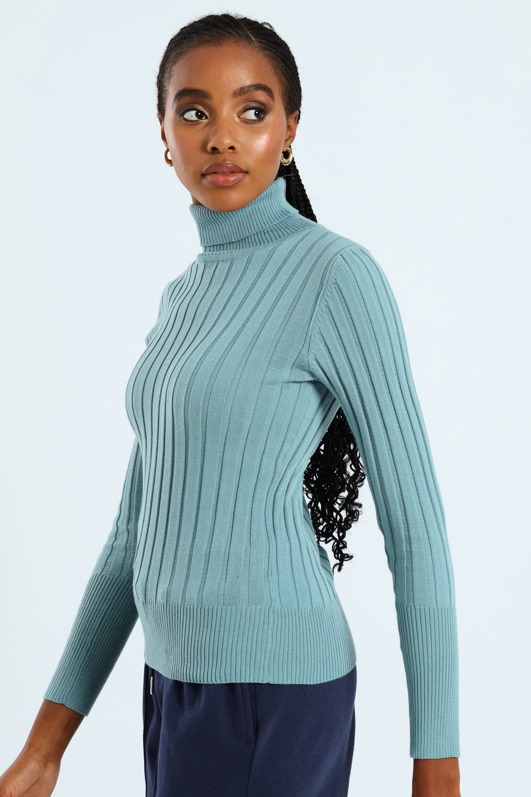 Ribbed Plain Poloneck - Dusty Blue