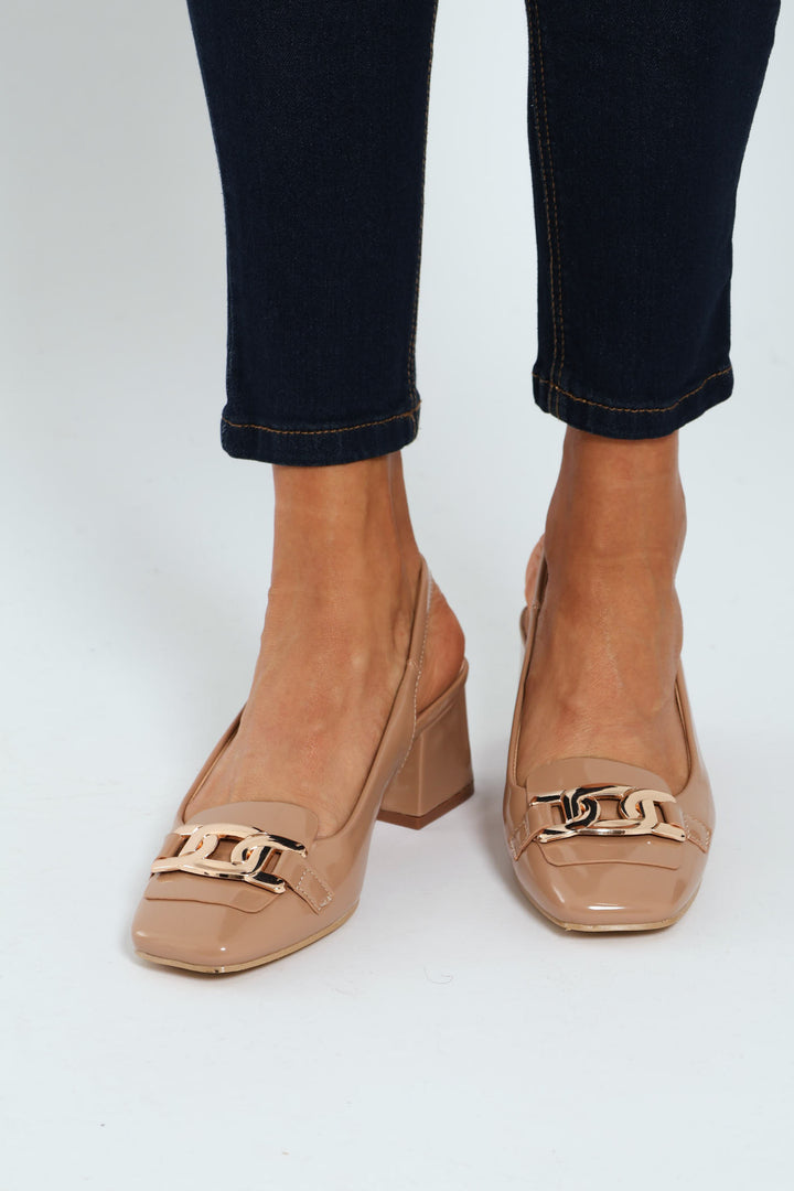 Mary Jane Block Heel With Metal Bar Trim - Taupe