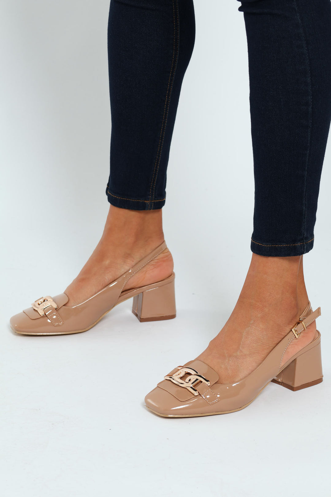 Mary Jane Block Heel With Metal Bar Trim - Taupe
