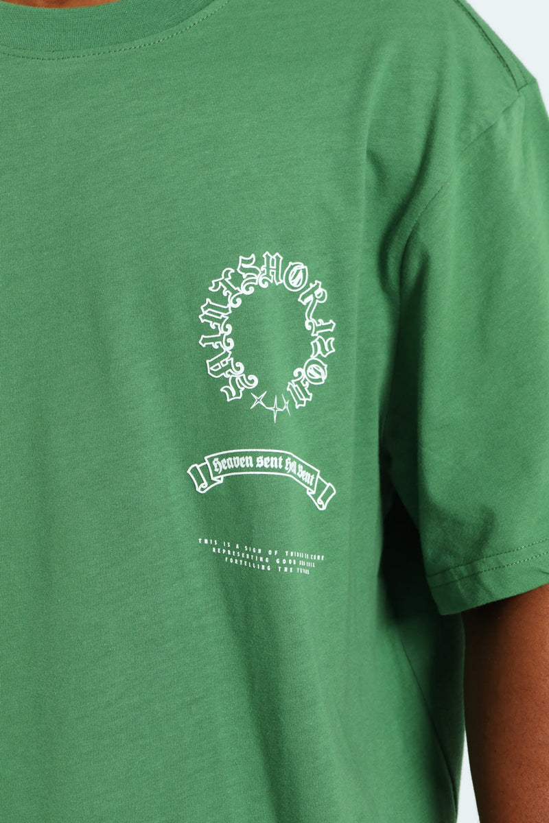 Puff Embroidered Front & Back Print Tee - Green