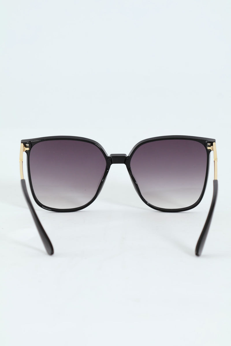 Square Cat Eye Gold Temple Smoke Gradient Sunglasses - Black