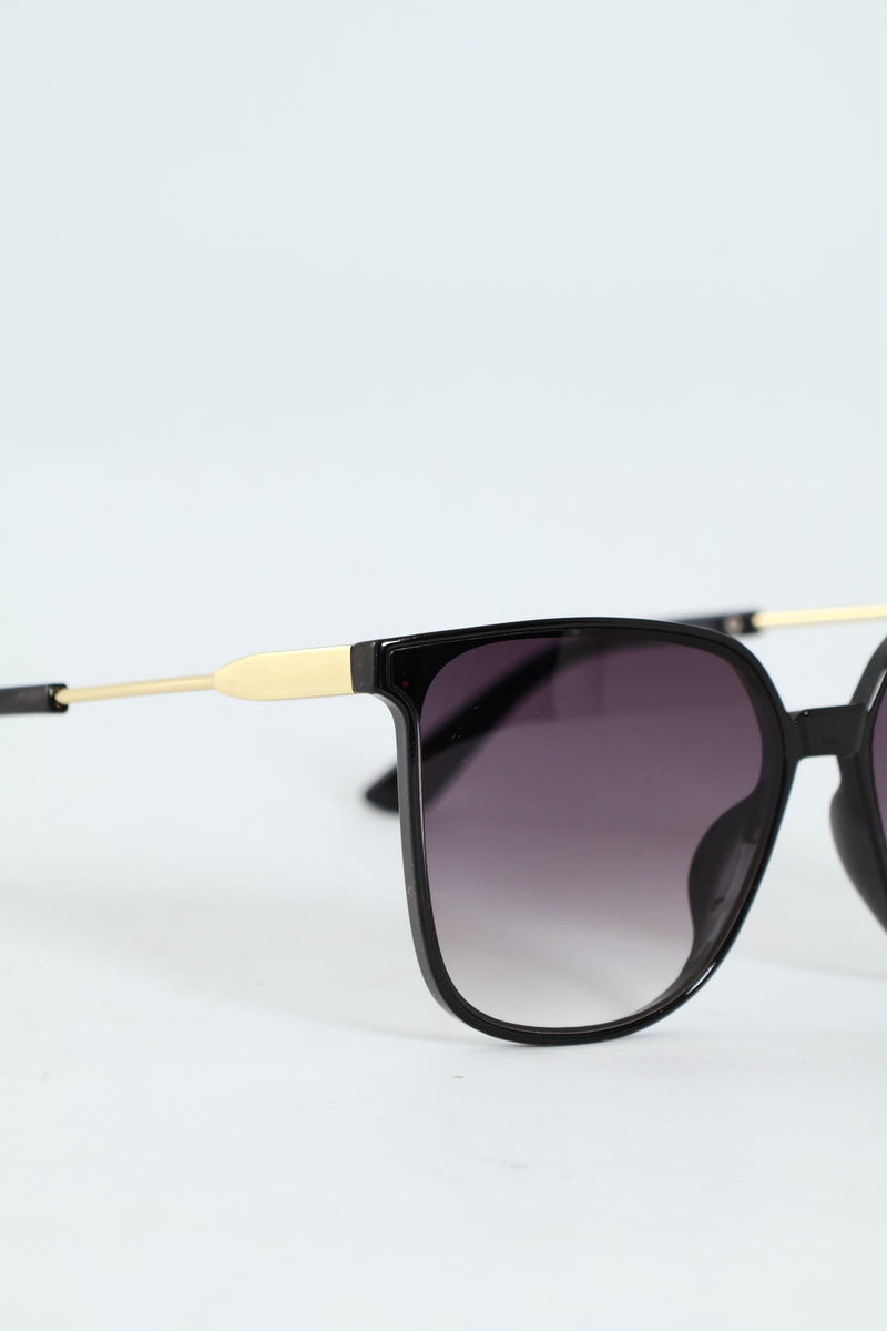 Square Cat Eye Gold Temple Smoke Gradient Sunglasses - Black