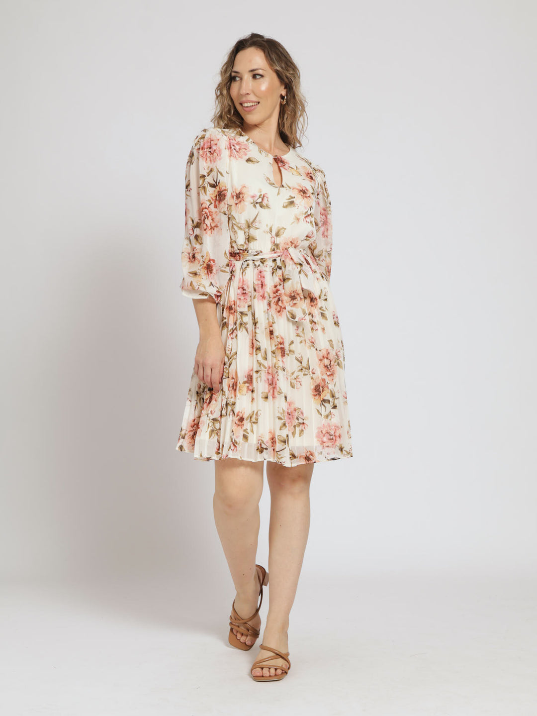 Long Sleeve Front Key Hole Pleated Tea Dress - Cream