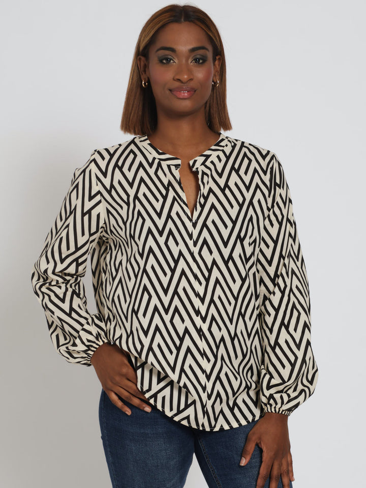 Long Sleeve Notch Neck Voile Blouse - Beige/Black