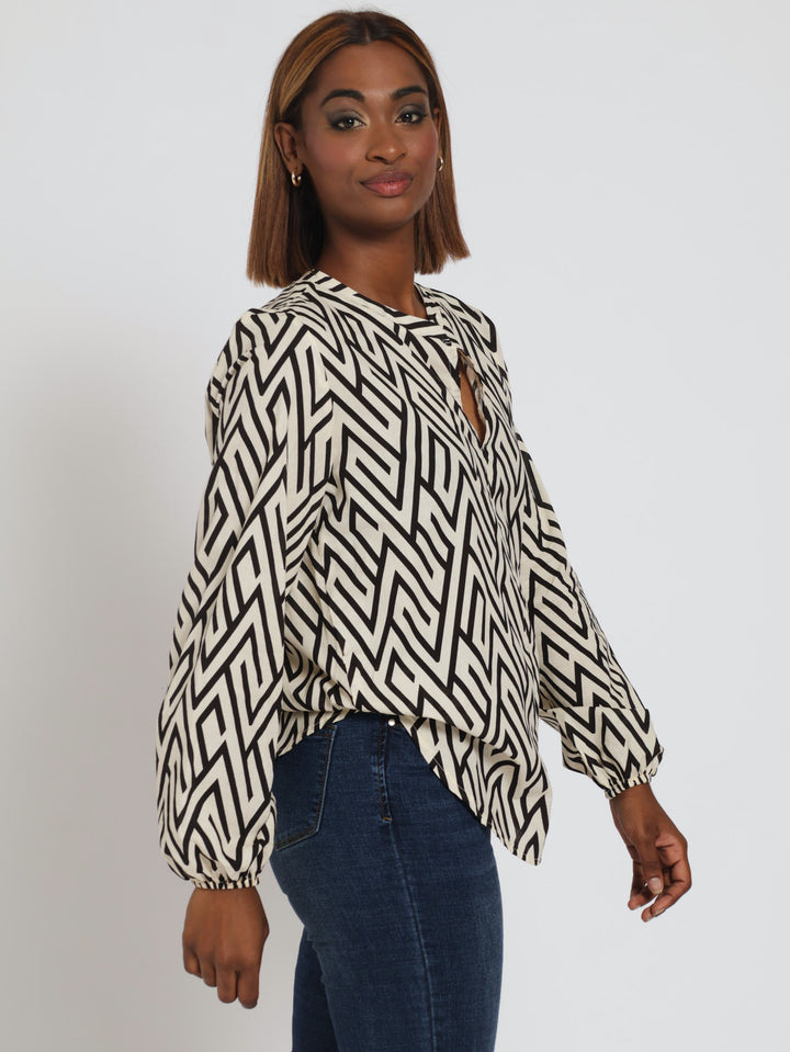 Long Sleeve Notch Neck Voile Blouse - Beige/Black