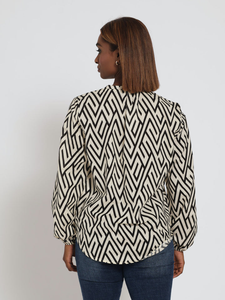 Long Sleeve Notch Neck Voile Blouse - Beige/Black