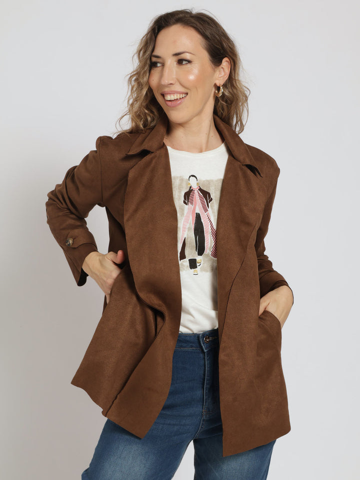 Long Sleeve Suede Coatigan Jacket - Brown