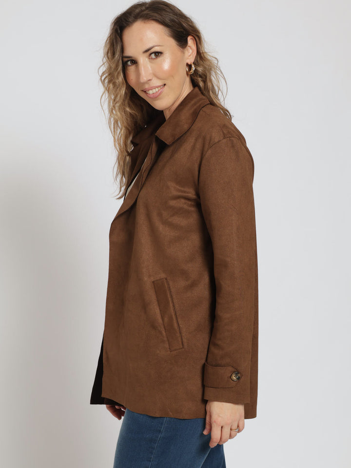 Long Sleeve Suede Coatigan Jacket - Brown