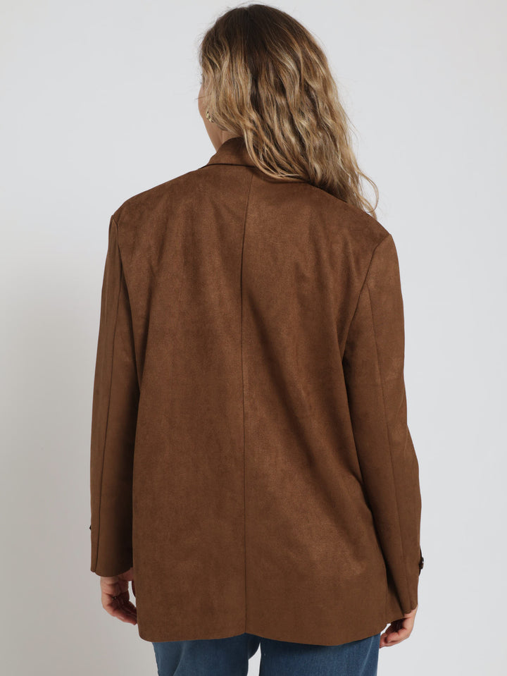 Long Sleeve Suede Coatigan Jacket - Brown