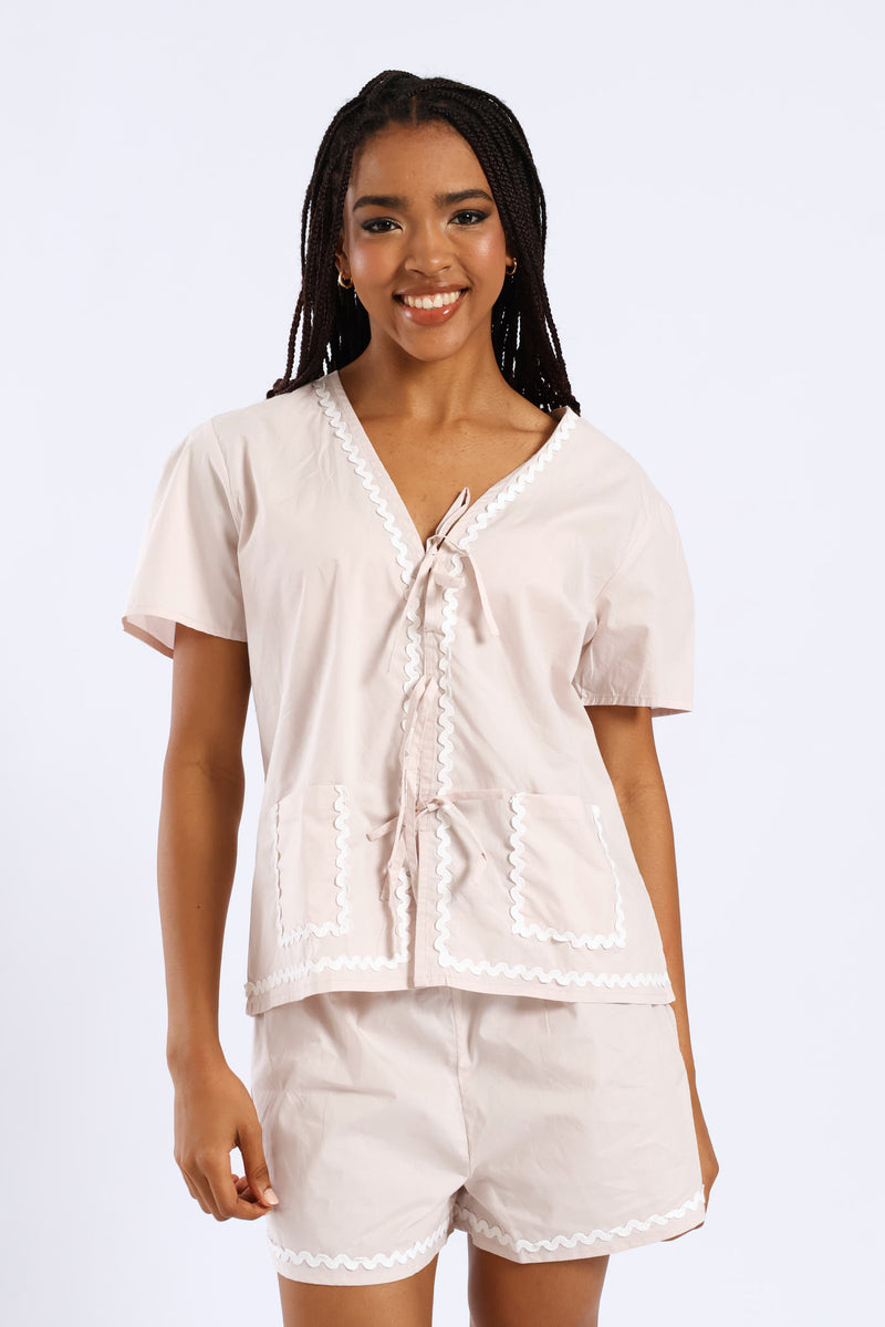 Tie Front Detail Sleep Set - Light Grey