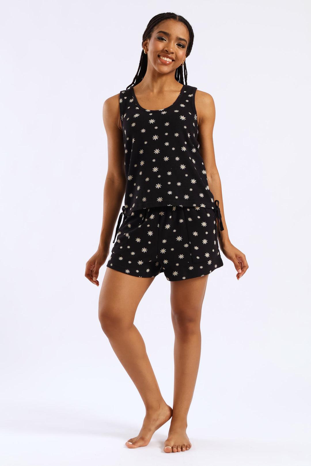 Flowers Waffle Knit Sleep Tank Top - Black