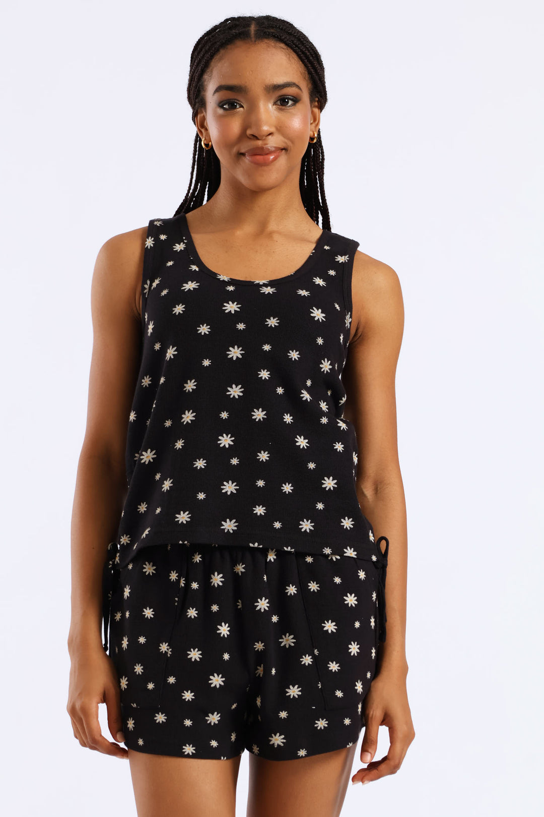 Flowers Waffle Knit Sleep Tank Top - Black