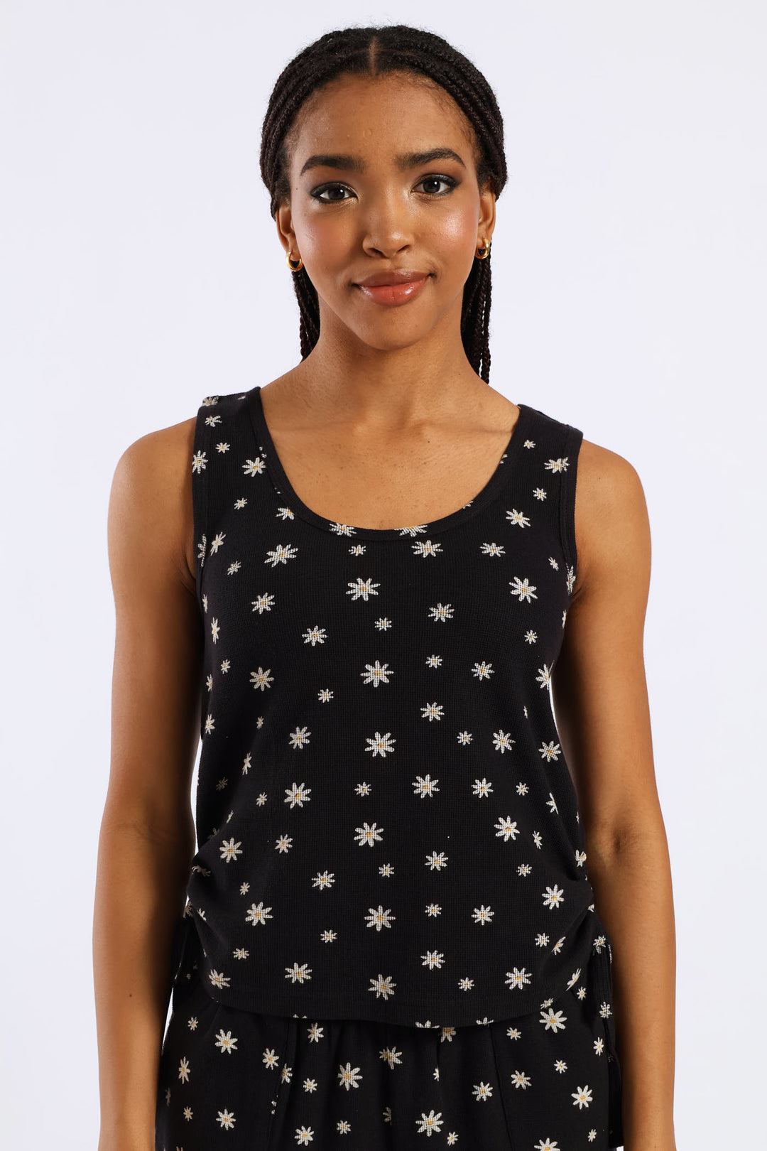 Flowers Waffle Knit Sleep Tank Top - Black