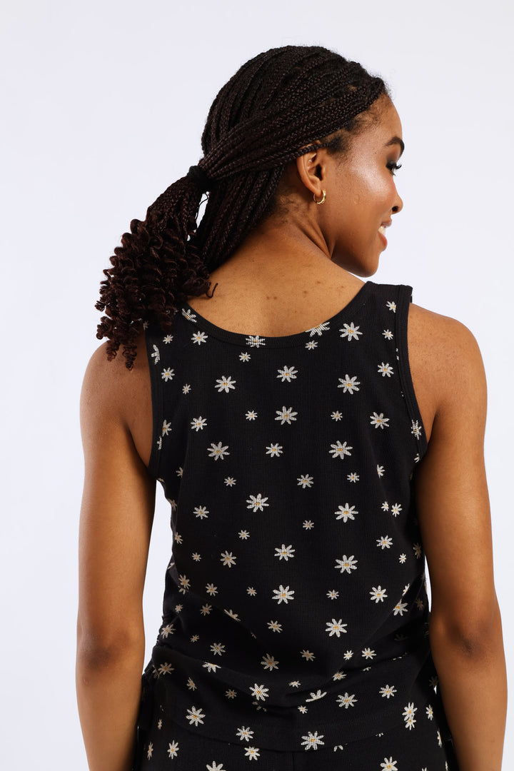 Flowers Waffle Knit Sleep Tank Top - Black
