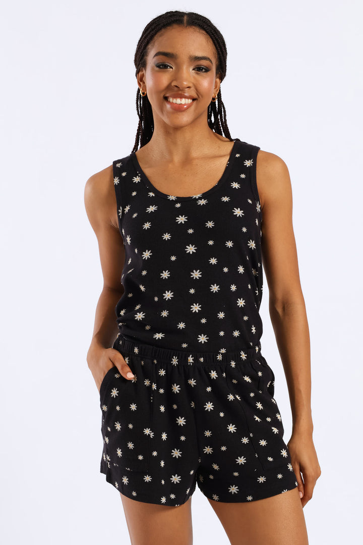 Flowers Waffle Knit Short - Black
