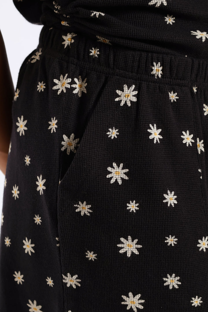Flowers Waffle Knit Short - Black