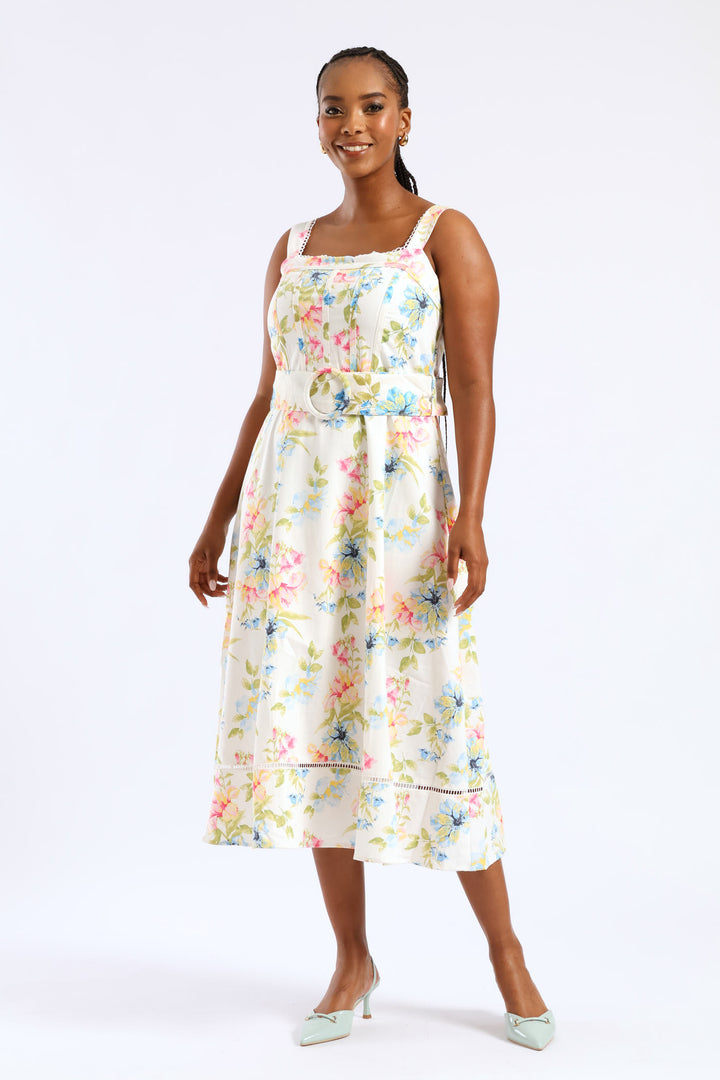 Sleeveless Corset Bodice Linen Midiaxi Dress - Multi