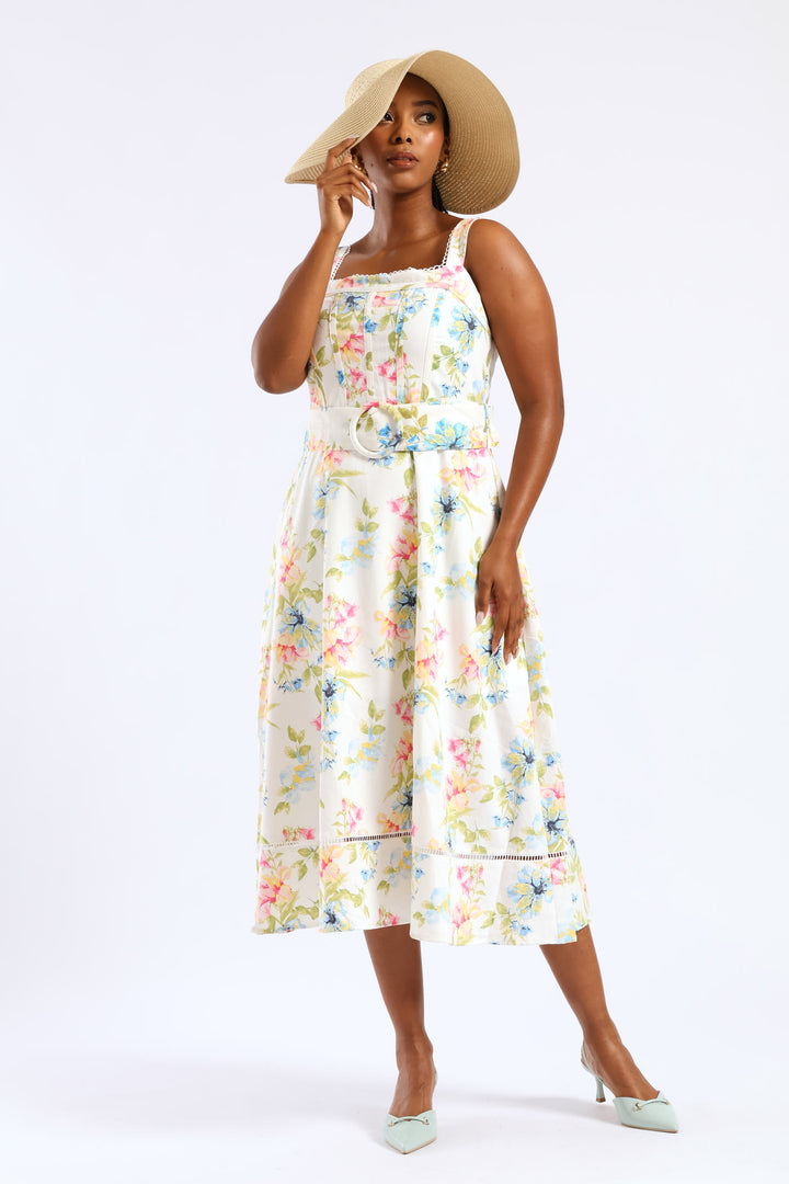 Sleeveless Corset Bodice Linen Midiaxi Dress - Multi