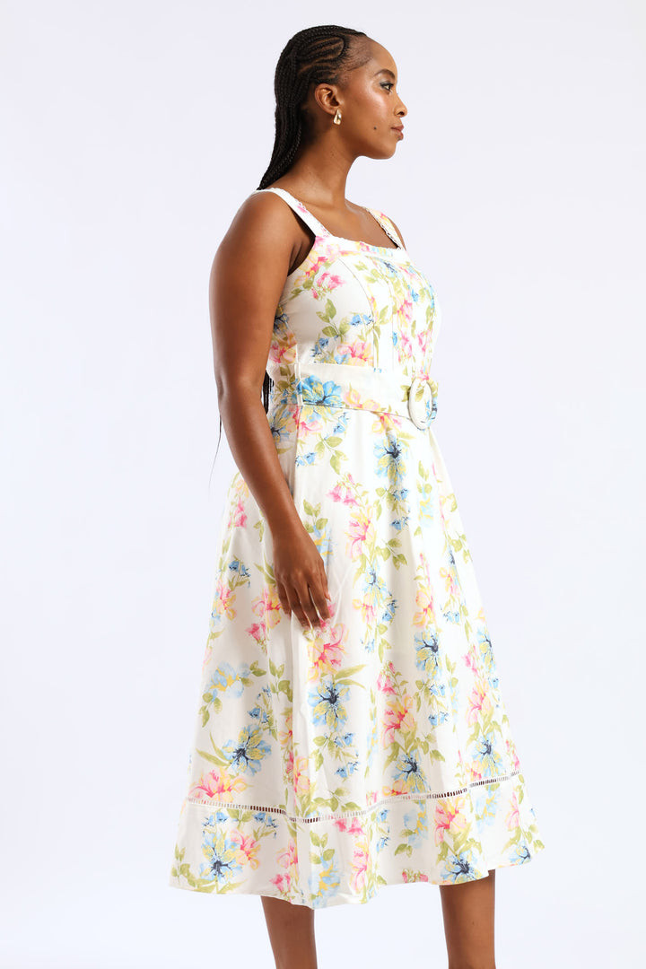 Sleeveless Corset Bodice Linen Midiaxi Dress - Multi