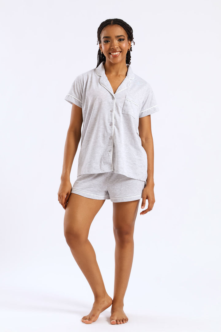 Button Through Knit Short Set With Scrunchie - Grey Melange