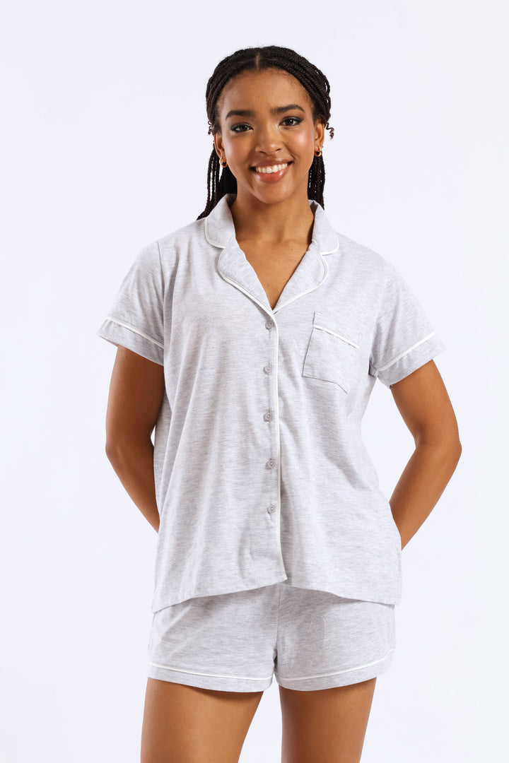 Button Through Knit Short Set With Scrunchie - Grey Melange