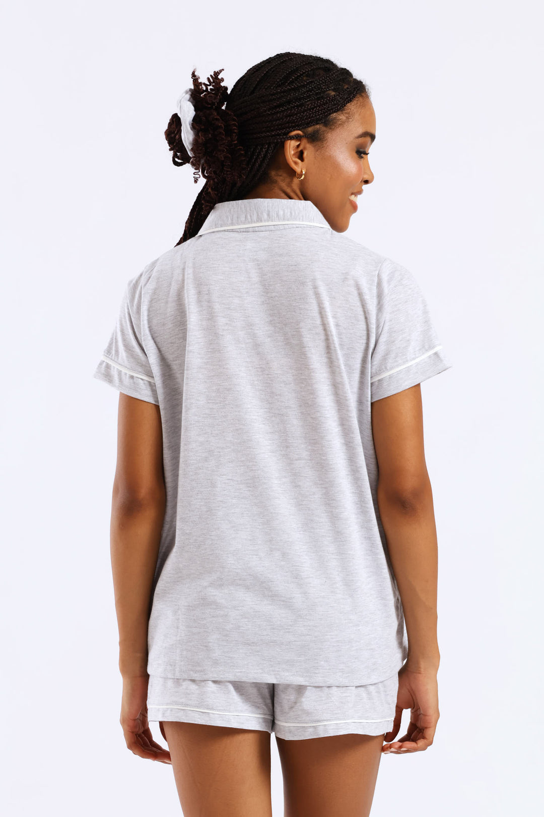 Button Through Knit Short Set With Scrunchie - Grey Melange