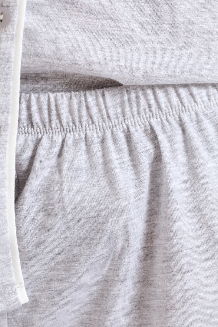 Button Through Knit Short Set With Scrunchie - Grey Melange