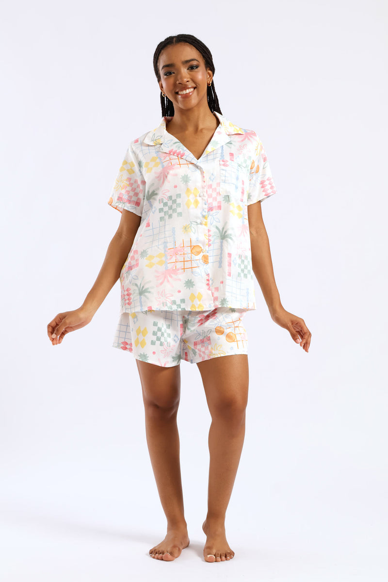 Button Through & Satin Short Set - Multi