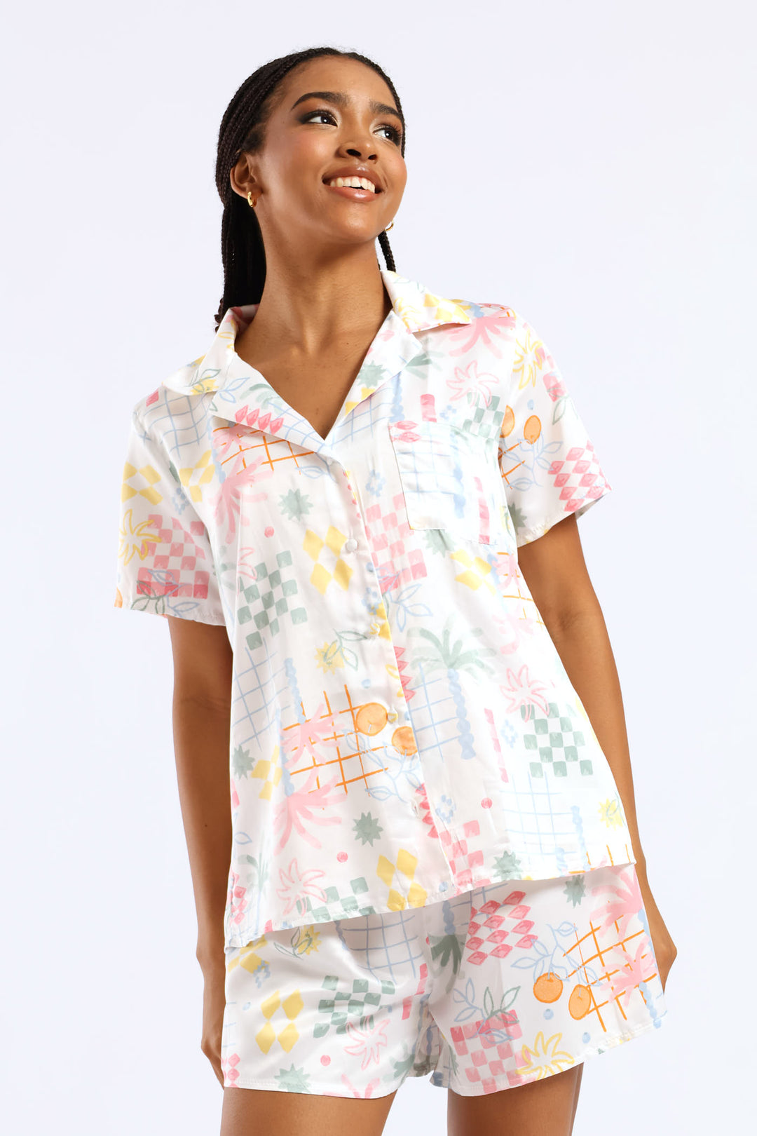 Button Through & Satin Short Set - Multi