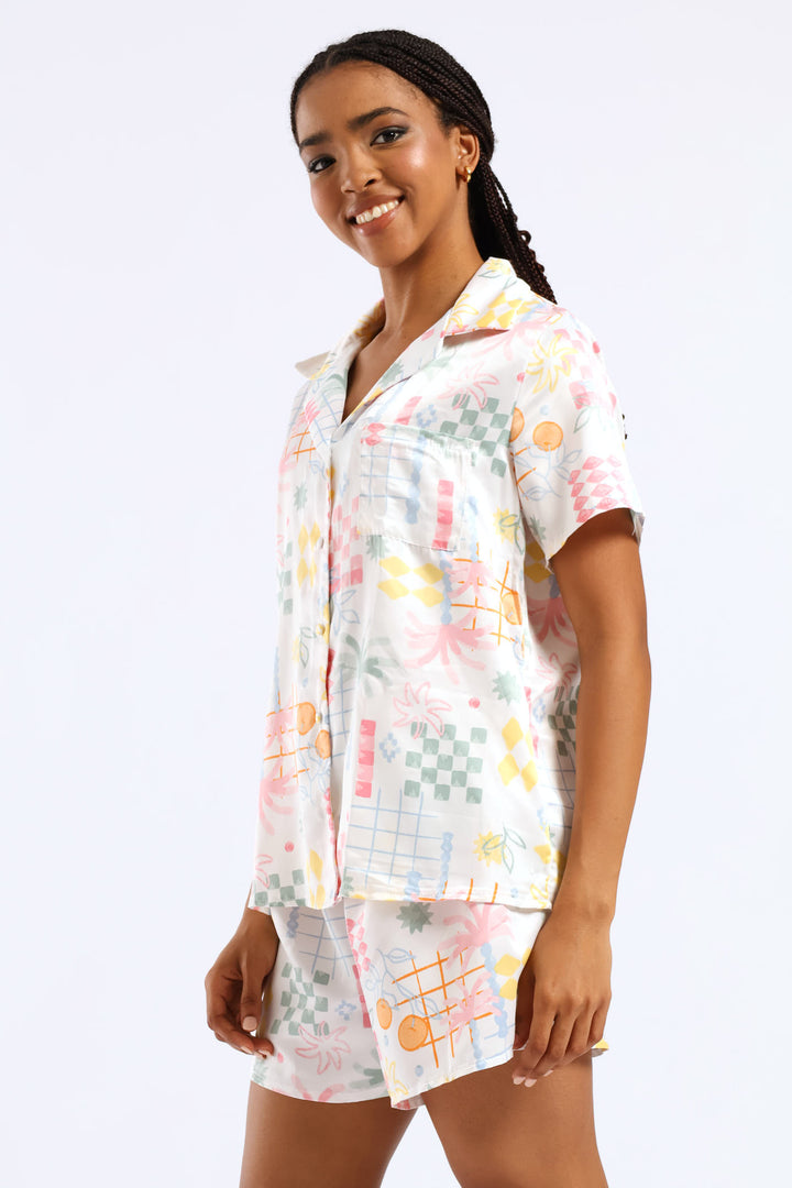 Button Through & Satin Short Set - Multi