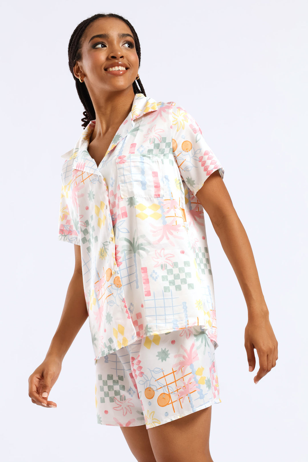 Button Through & Satin Short Set - Multi