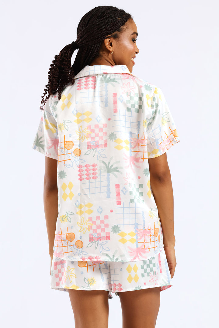 Button Through & Satin Short Set - Multi