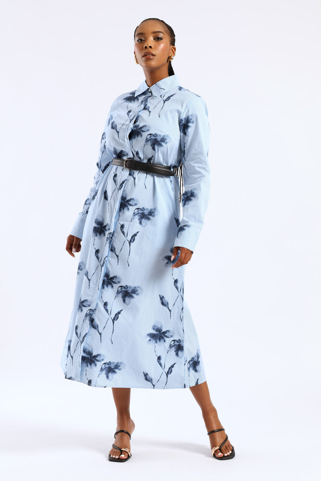 Ladies Belted Striped Floral Maxi Shirt Dress - Blue Edgars Ladies Belted Striped Floral Maxi Shirt Dress - Blue Edgars