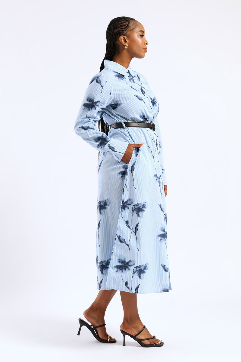 Belted Striped Floral Maxi Shirt Dress - Blue