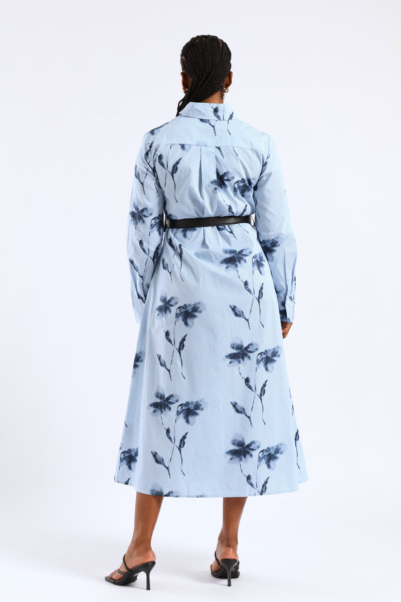 Belted Striped Floral Maxi Shirt Dress - Blue