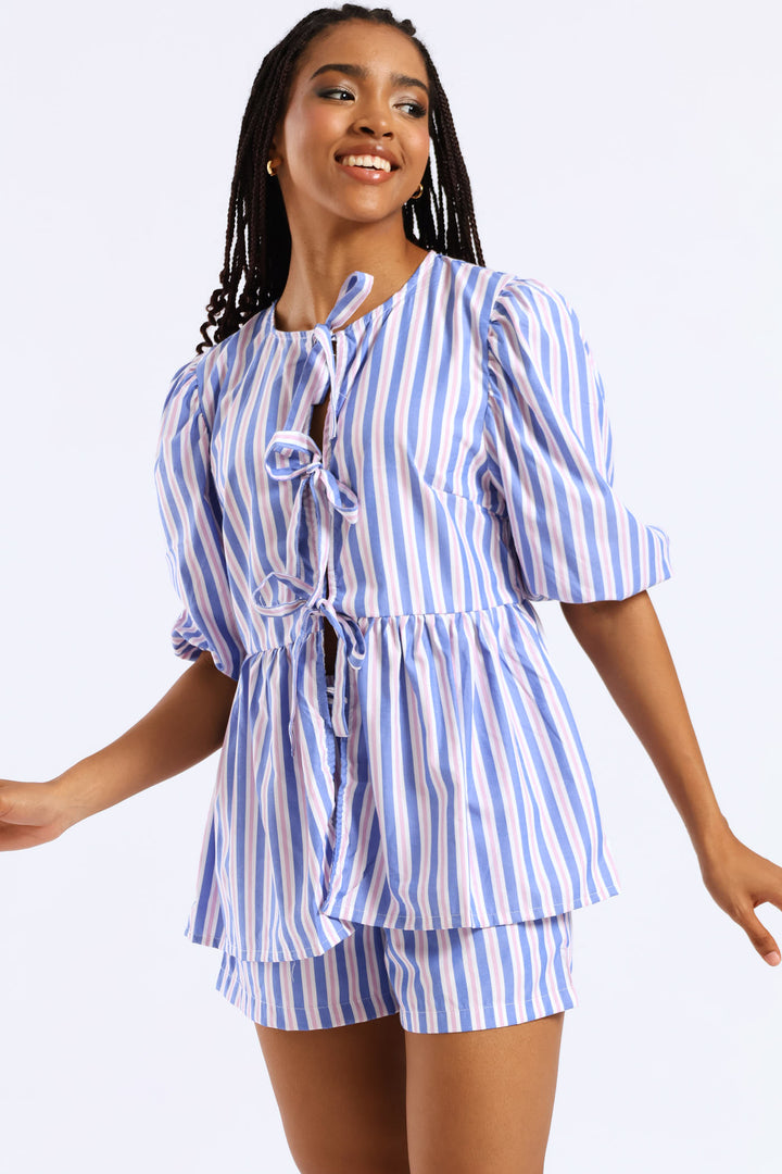 Candy Stripe Balloon Sleeve Tie Top - Blue
