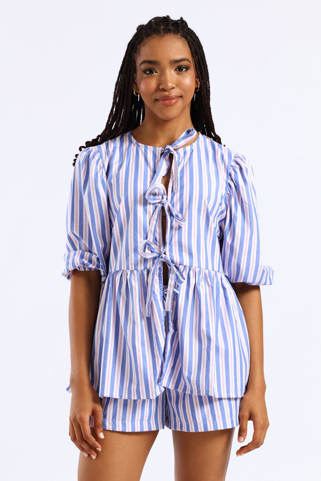 Candy Stripe Balloon Sleeve Tie Top - Blue