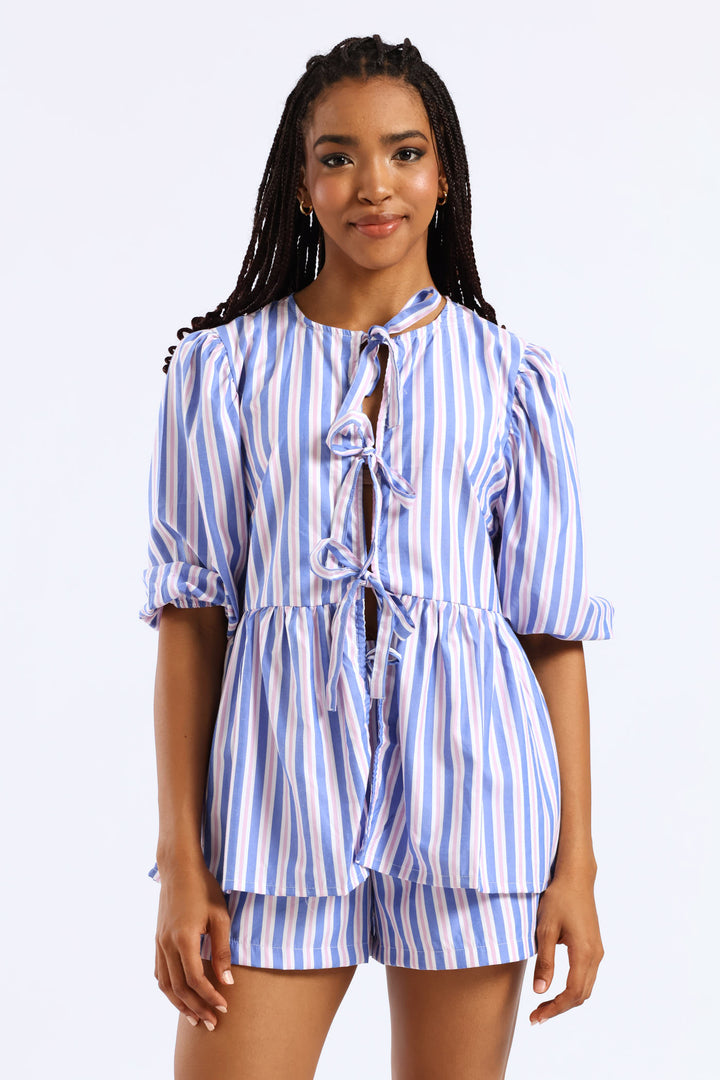 Candy Stripe Balloon Sleeve Tie Top - Blue