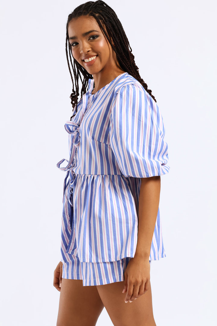 Candy Stripe Balloon Sleeve Tie Top - Blue