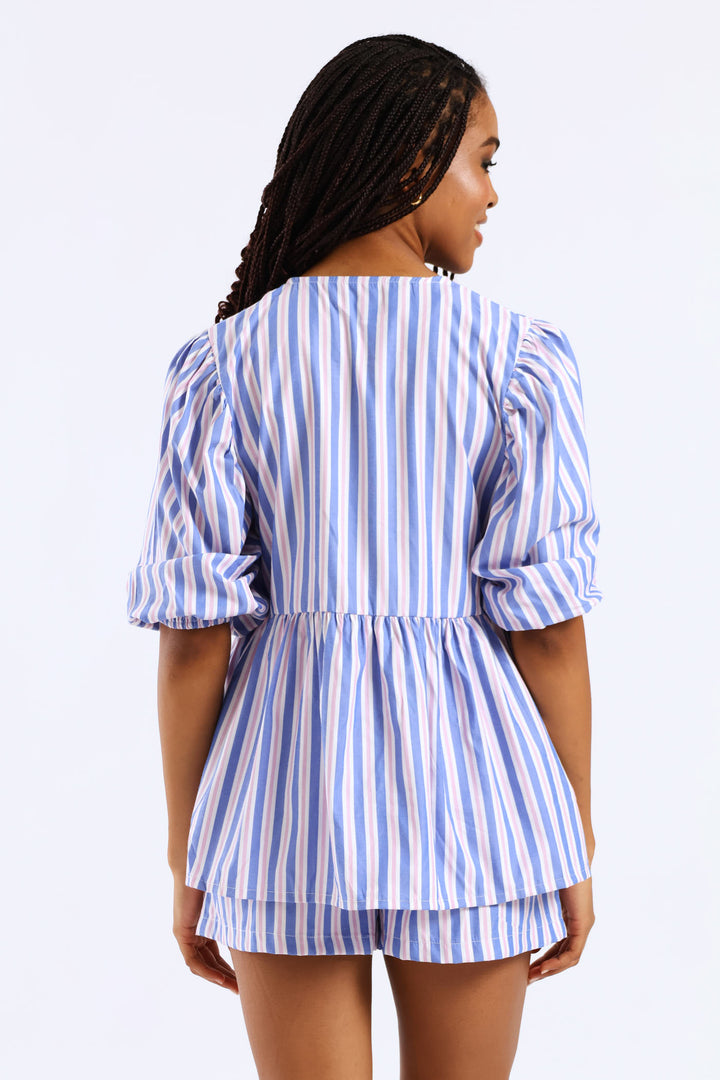 Candy Stripe Balloon Sleeve Tie Top - Blue