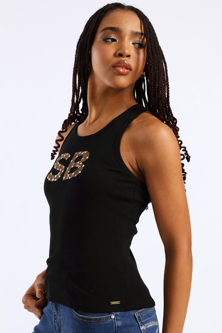 Clear Vision Rib Knit Bling Logo Racer Vest - Black