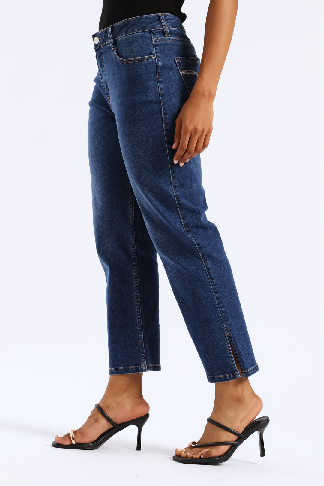Mid Waist Capri Denim With Side Seam Slit & Back Pocket - Mid Blue
